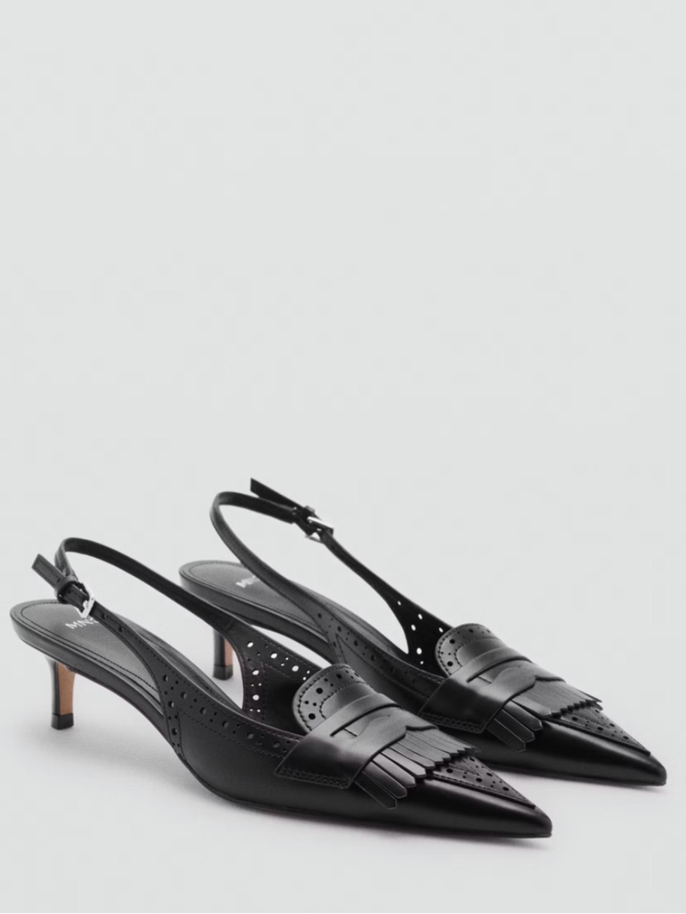 Mango Black Leather Fringe Brogue Pointed Slingback Kitten Heels NWT EU 40/ US 9